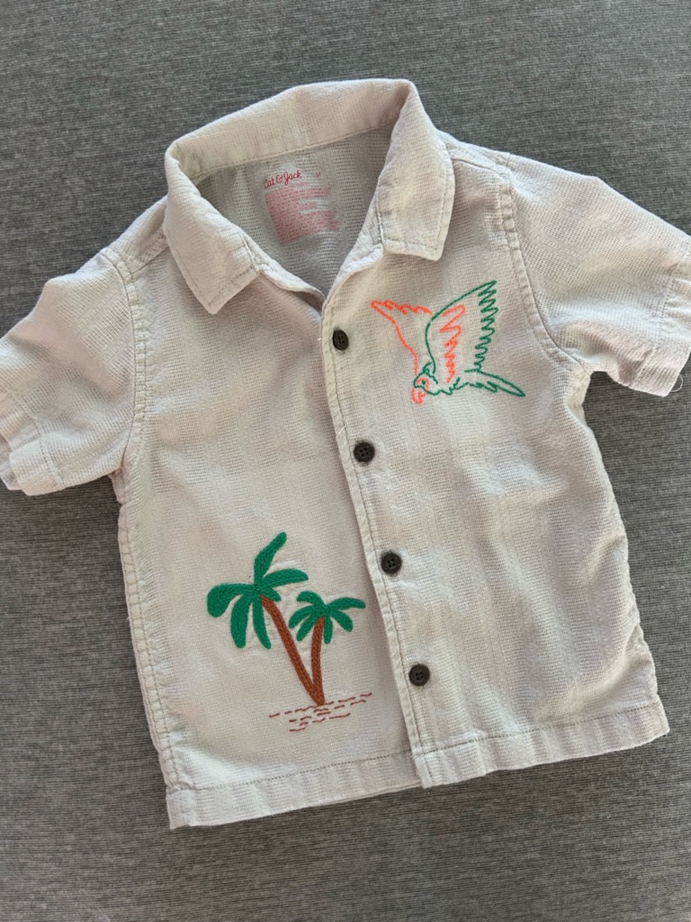 3T Short-Sleeve Button Shirt with Tropical Embroidery